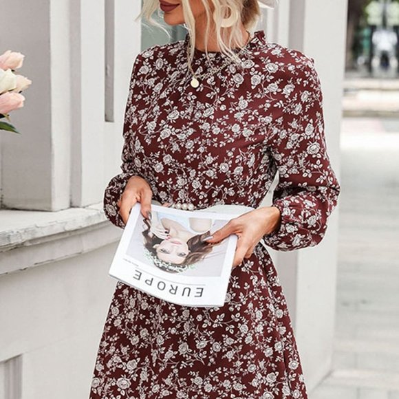 Dresses & Skirts - Floral Tie-Waist Mini Dress in Brown XL